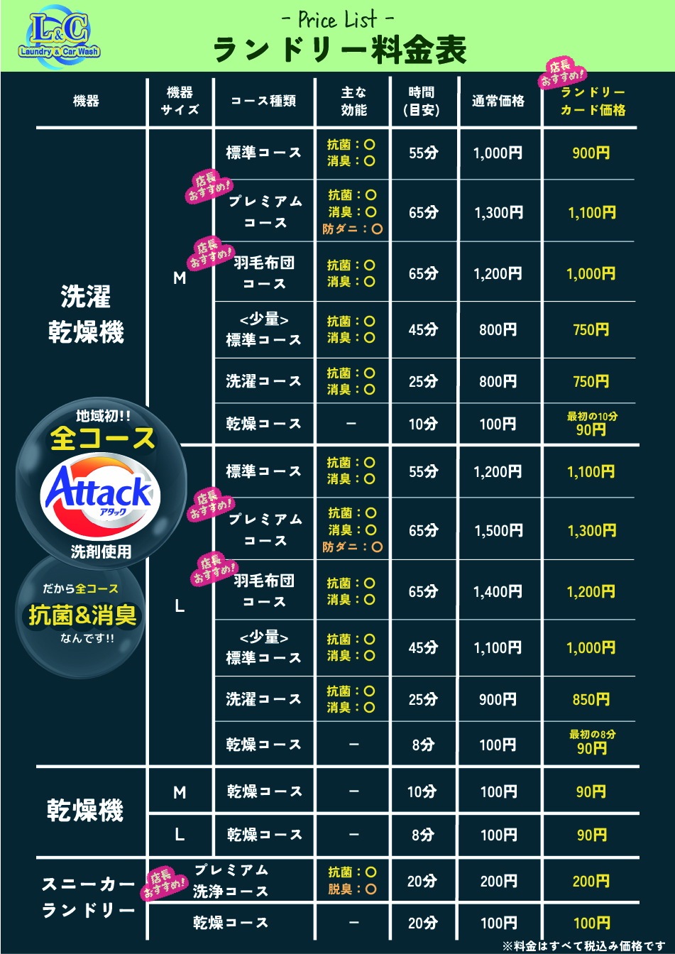 コインランドリー料金表